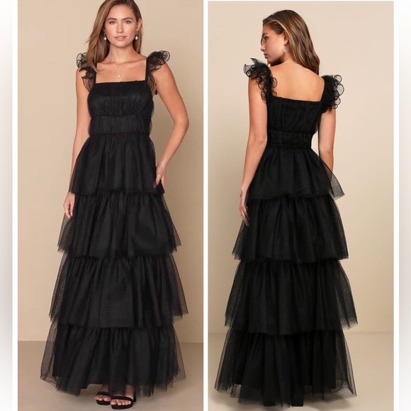 Lulus Dresses & Skirts - Lulus Tulle For Love Black Mesh Tulle Tiered Ruffled Maxi Dress Size XL Formal